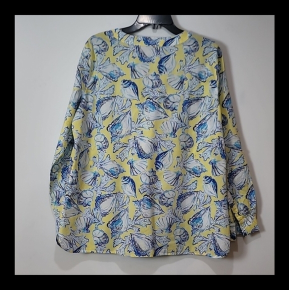 Talbots Yellow w/Blue Sea Shells Tunic Style Blouse. Size Lp 100% Cotton V-neck - Picture 5 of 17